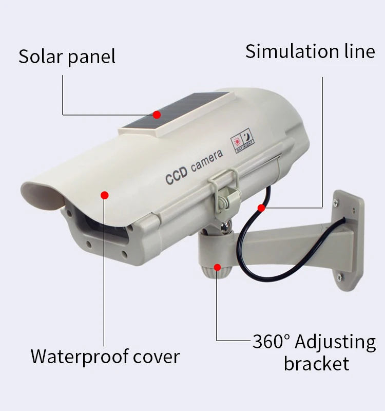 Simulation Solar-Powered Dummy Security Camera – Waterproof Fake CCD Camera with Red Flashing LED for Home and Office Surveillance